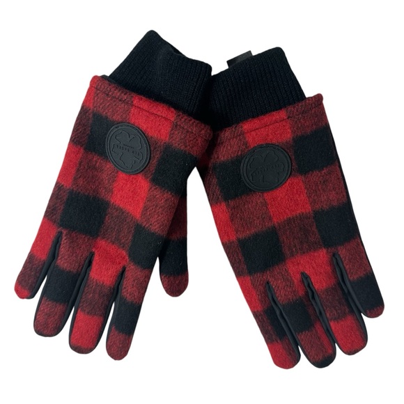 TED BAKER LONDON Mens Gloves Karrl Logo-Patch Black/Red Checked Poly Wool Blend - Picture 3 of 10